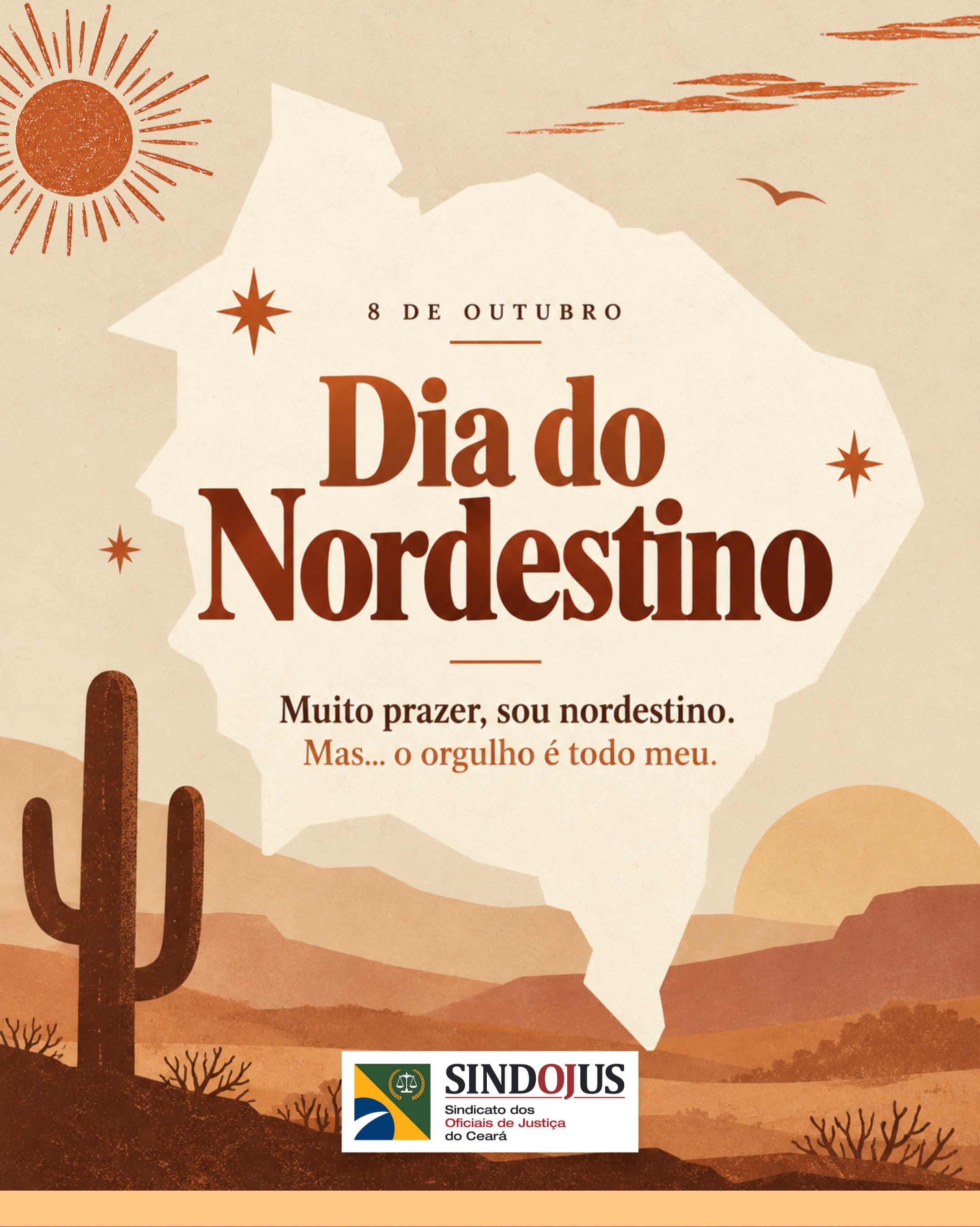 Neste 8 de outubro, Dia do Nordestino, o Sindojus Ceará a celebra riqueza cultural, a força, a alegria e o orgulho de pertencer a este território tão rico e diverso. Formada por nove estados: Alagoas, Bahia, Ceará, Maranhão, Paraíba, Pernambuco, Piauí, Rio Grande do Norte e Sergipe, a região concentra mais de 52 milhões de habitantes, quase um terço da população do país. Terra de um povo que parece, mas não esmorece e procura vencer, como já dizia Patativa do Assaré. Nesta data especial, o Sindojus homenageia cada nordestina e nordestino que contribui para um Brasil mais justo, plural e belo. 

#8deoutubro #diadonordestino #orgulhodesernordestino #SindojusCE
