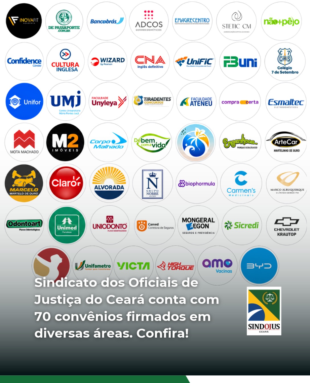 Saúde, educação, beleza, estética, academia, casas de câmbio, cursos de inglês, eletrodomésticos, empreendimentos imobiliários, esporte, bem-estar, hotéis, pousadas, lazer, oficinas mecânicas, operadoras de telefonia, planos funerários, planos de saúde e dentários, seguradoras, segurança, serviços financeiros e concessionárias fazem parte dos convênios firmados pelo Sindojus. São, ao todo, 70 parcerias firmadas, o que demonstra que o comprometimento da diretoria com a categoria vai além da luta incessante por melhores condições de trabalho e pela conquista de direitos.

Por meio das parcerias, sindicalizadas e sindicalizados dispõem de descontos exclusivos e condições especiais na aquisição de diversos produtos e serviços. 

Se você ainda não é filiado(a) ao Sindojus, aproveite essa oportunidade: associe-se e desfrute de todos os benefícios que a entidade oferece. Além das parcerias firmadas, o sindicato garante ainda suporte jurídico completo aos seus filiados e filiadas, reafirmando o compromisso com a valorização e o bem-estar da categoria.

🚩 Sindicalize-se e fortaleça a luta dos Oficiais de Justiça do Ceará!

🔗 Saiba mais no site (link na bio).

#SindojusCE